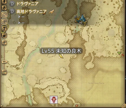 高地ドラヴァニアの地図に表示されたレベル55未知の良木